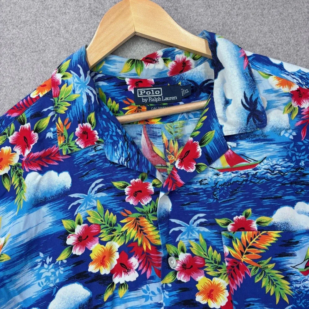 VTG 90s Polo Ralph Lauren Hawaiian Shirt Mens XL Blue 100% Rayon Floral Caldwell